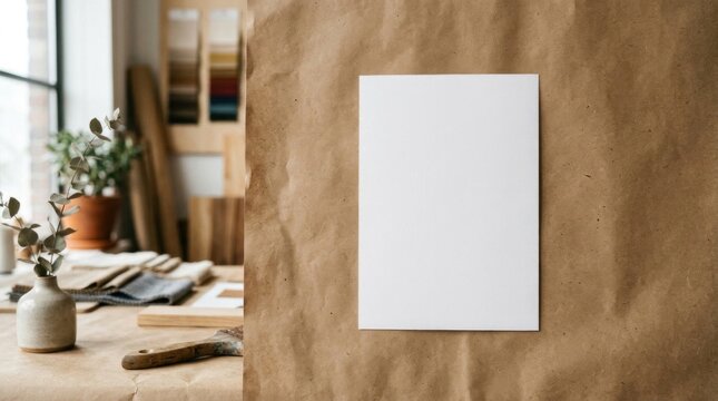 Blank white card mockup on craft paper in workshop.