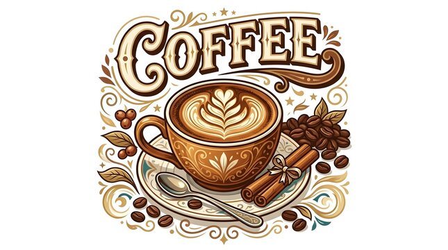 Coffee cup espresso latte art cinnamon stick coffee beans illustration
