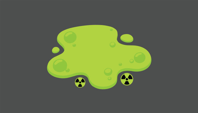 Glowing green toxic waste puddle with bubbles and radioactive warning symbols on a dark grey background.