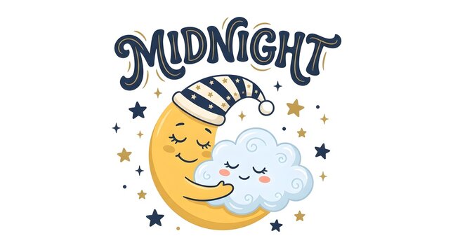 Midnight sleeping crescent moon hugging cloud cute night sky illustration