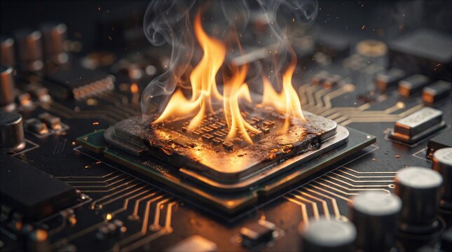 Overheating computer processor burning on circuit board
