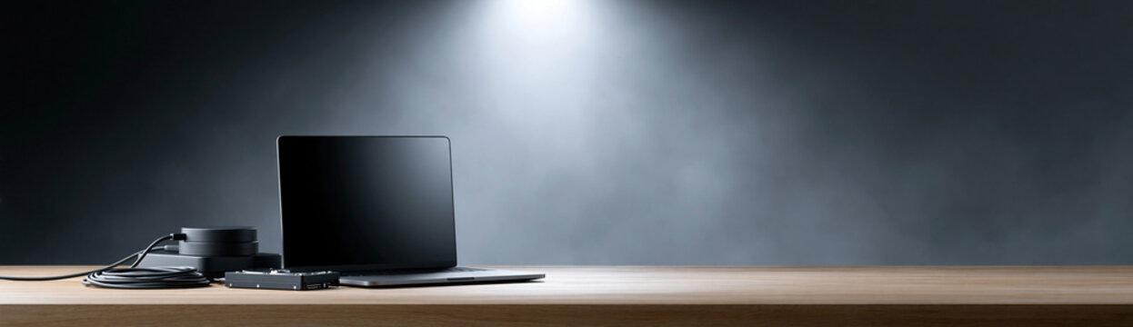 A minimalist setup showing a laptop screen with hacking software, a pair of gloves, and a phone, all placed in a darkened environment with plenty of copy space for text.