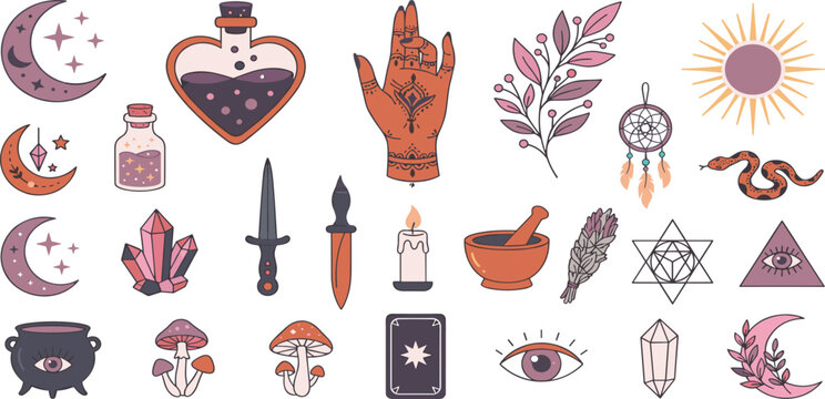 Boho Mystical Witchcraft Vector Icon Set Featuring Celestial Magic Symbols and Esoteric Elements for Halloween Graphic Designs, Logos, and Branding Templates