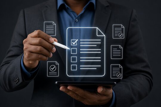 Business professional editing digital document on tablet with holographic interface