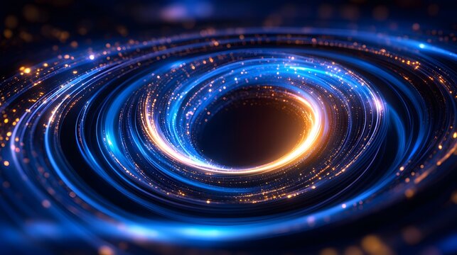 Abstract glowing blue and orange spiral vortex with sparkling light trails