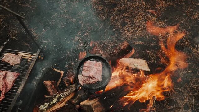 Grilled flank steak over a campfire at a campsite medium shot
