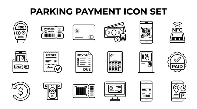 A collection of line art icons representing parking payment methods, digital transactions, and ticketing systems.