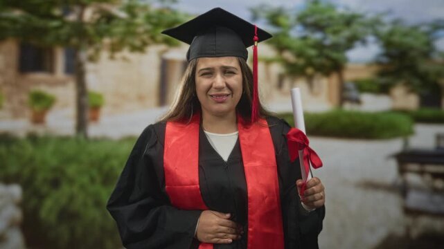 Woman in graduation gown and mortarboard holding diploma with red ribbon, hand on stomach and tearful expression in university building courtyard; achievement pride.