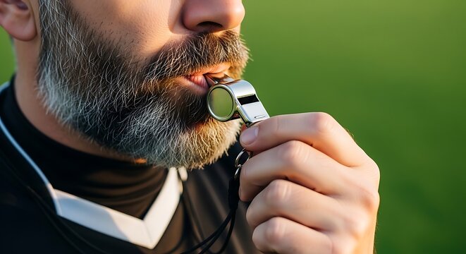 Close-up of a bearded referee blowing a whistle on a green field