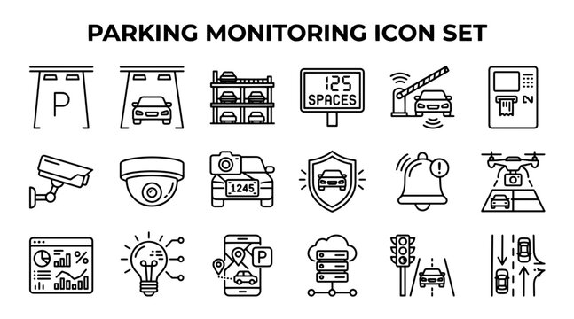 A collection of line art icons representing smart parking technology, vehicle security, and traffic monitoring systems.
