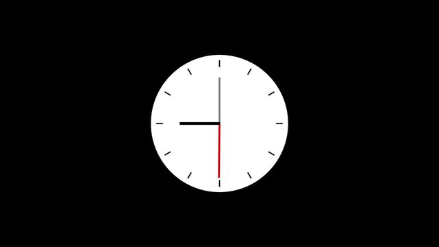 A minimalist white clock face with black hour and minute hands and a red second hand, depicting the passage of time on a solid black background.