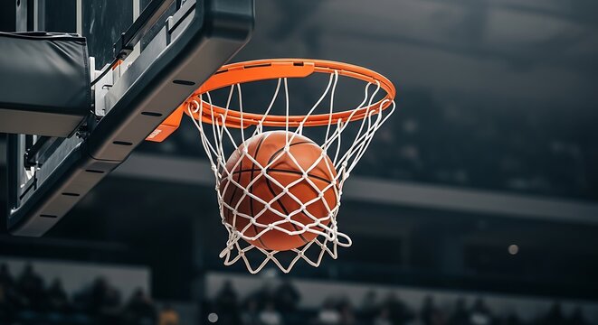 Basketball going through hoop in a darkened arena with spectators