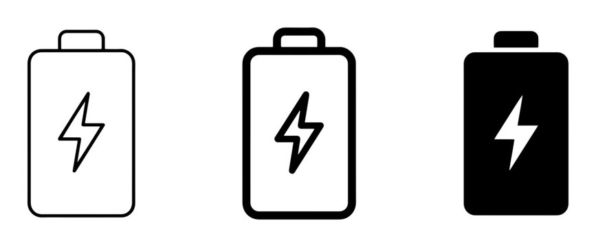 3 battery silhouette icons power charge, solid black style, technology