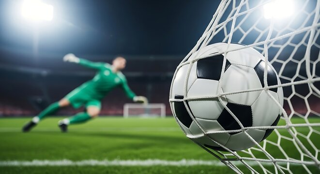 Soccer ball flying into goal net with goalkeeper diving in background