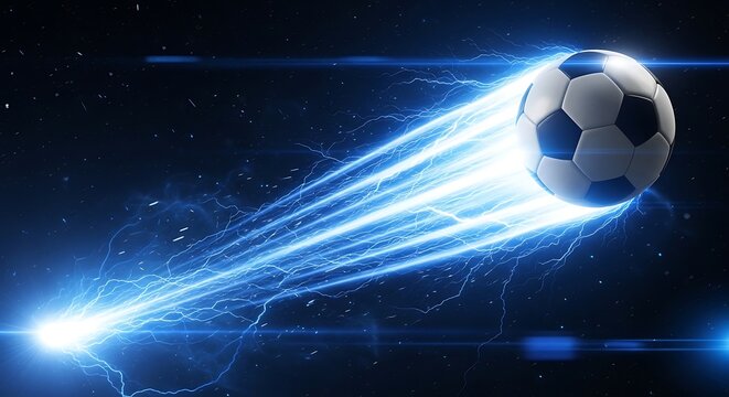 soccer ball flying through lightning storm with electric blue sparks