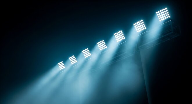 dramatic floodlights shining bright on a dark sports stadium field
