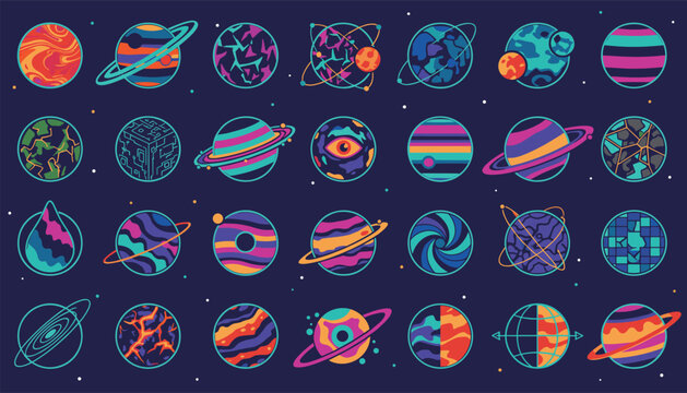 Colorful space map featuring a large grid of various sci-fi planets, cosmos details, and astronomical bodies on a dark background.