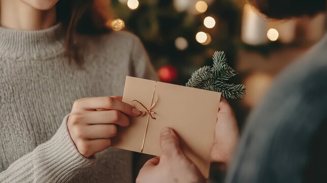 Woman hands a small brown envelope decorated with a pine sprig to a man during a festive holiday gathering.