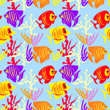 Seamless pattern with colorful tropical fish and coral reef for marine background
