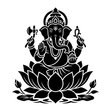 Lord Ganesha silhouette sitting on lotus for Ganesh Chaturthi, isolated on transparent background