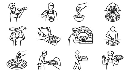 Naklejka premium Minimalist Black and White Line Drawing Icons Showing Various Pizza Preparation and Serving Steps