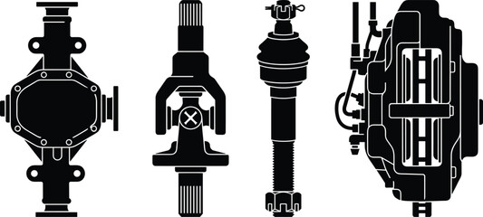Naklejka premium Set of black silhouettes of automotive mechanical parts including drivetrain components and disc brake system