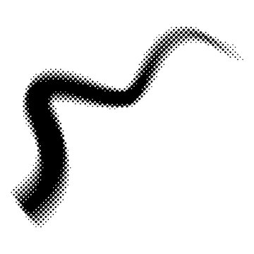 Monochrome halftone dotted illustration, abstract dynamic wave, ribbon pattern. Curved line with halftone effect, flud design. Vector minimalist background. Overlay template. Vector