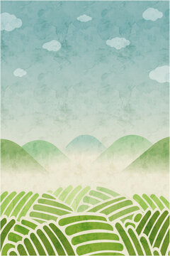 水彩で描いた日本の茶畑風景の背景イラスト