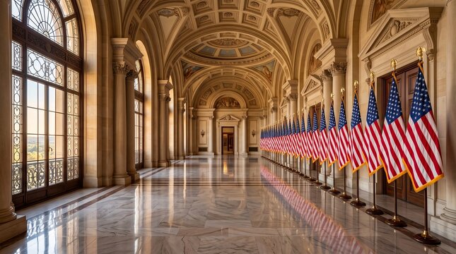 Grand Hallway Corridor Adorned with a Long Row of Decorative National Flags in a Classic Architectural Setting