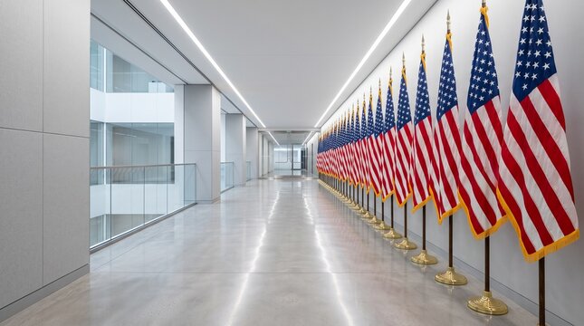 Row of American Flags Lined up in Modern Corporate Office Hallway