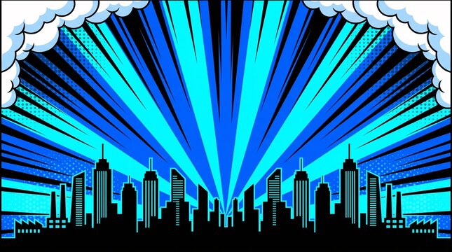 Electric blue city skyline with dynamic radial rays and comic cloud details. Perfect for technology, gaming, entertainment, and futuristic design concepts.