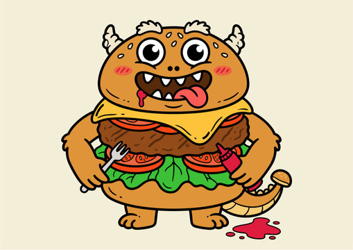 Cute burger monster mascot character holding fork and ketchup
