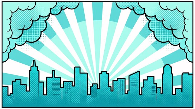 Minimal cyan city skyline with bright radial sunburst rays and comic cloud accents. Suitable for branding, websites, social media, and presentation backgrounds.