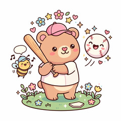 Fototapeta premium Cute Kawaii Bear Playing Baseball Clipart Vector Illustration