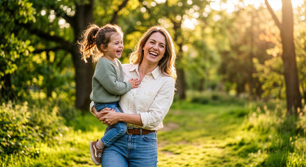 Fototapeta premium Happy Mother Carrying Laughing Daughter in Arms in Sunlit Park at Sunset
