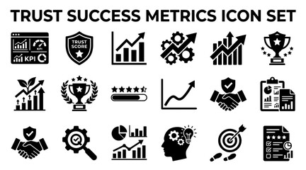 Fototapeta premium A collection of black vector icons representing business success, trust, growth, and performance analytics.
