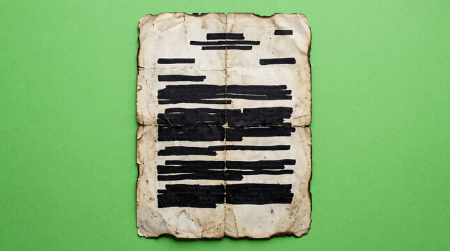 A vintage, burnt document with redacted text lies on a vibrant green background, evoking mystery and secrecy.