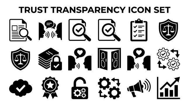 A collection of black vector icons representing trust, transparency, corporate ethics, and business compliance.
