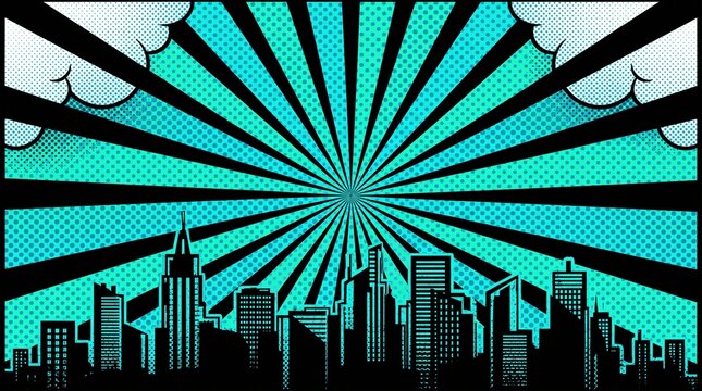 Turquoise skyline illustration with bold retro sunburst rays, comic-style clouds, and detailed city silhouette. Perfect for technology, business, marketing, and promotional materials.