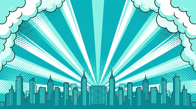 Retro aqua skyline featuring dramatic sunburst rays, comic clouds, and urban buildings. Great for posters, advertisements, presentations, and website headers.