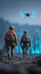 Naklejka premium Two soldiers with backpacks walk on a rocky terrain under a dark sky, a glowing drone flying above them. ..Created with Generative AI, not depicting real subjects.