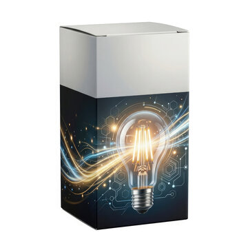 Square box packaging mockup with a glowing light bulb and abstract energy lines