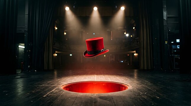 Happy halloween magic show floating top hat and mysterious stage illusion