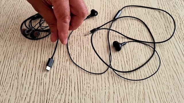 Wired earphones and USB-C headphones displayed on a wooden table, showcasing modern audio accessories, mobile connectivity, and everyday personal technology
