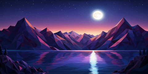 Obraz premium Digital art of moonlit mountain range reflecting on calm lake water at night with mountains landscape reflection