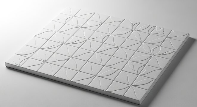 3D geometric engraved white square tile texture.