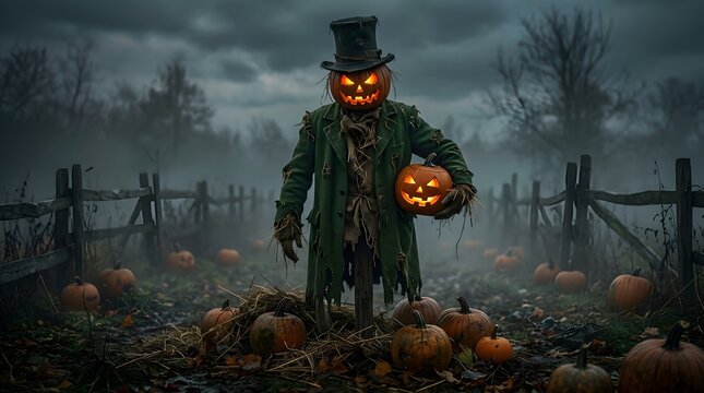 Spooky happy halloween scarecrow festive autumn decorations and pumpkin patch scene