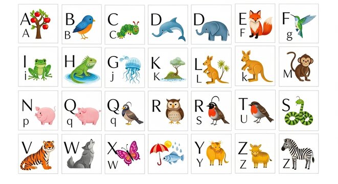 Educational alphabet chart with animals and objects.