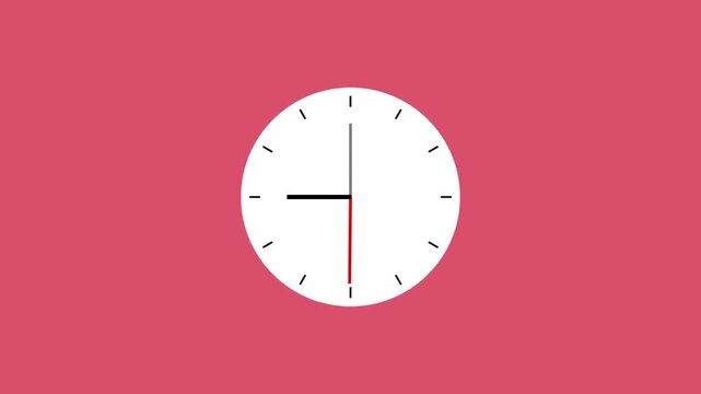 Minimalist clock face animation showing fast movement of red second hand on white dial isolated against vibrant solid pink background flat design motion.