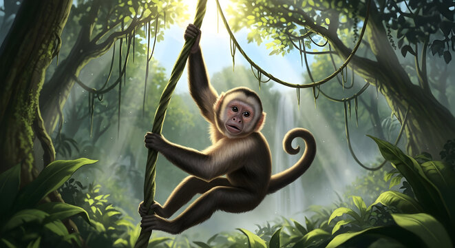 Monkey swinging through jungle. Primate hanging from vine in rainforest